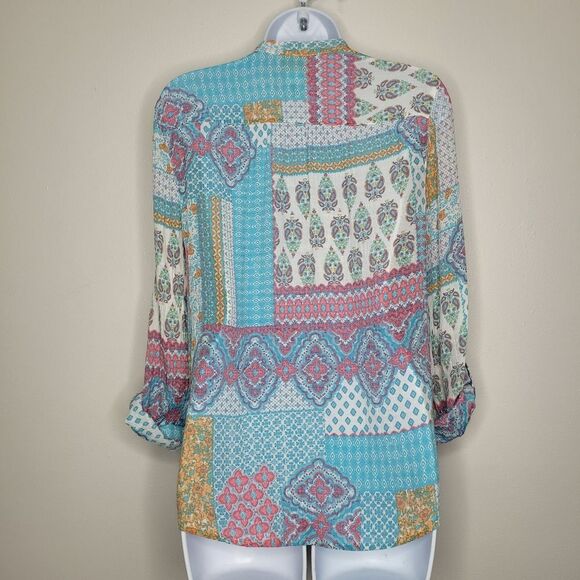 Ruby Rd boho button front roll tab sleeves mix print patchwork size small - Picture 2 of 7